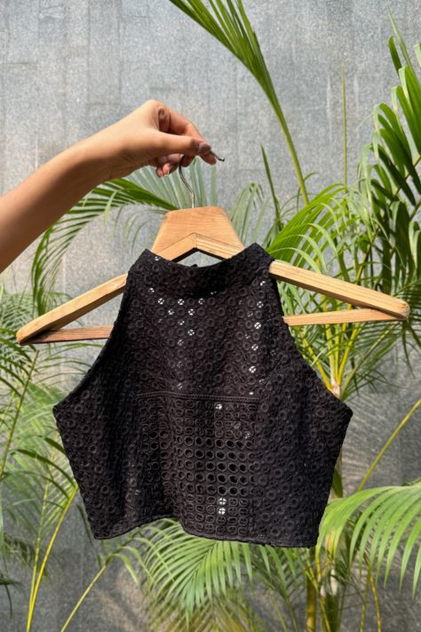 Black sequence halter neck blouse with back zip Sequence Blouse Pattern, Black Halter Neck Blouse, Black Blouse Back Neck Designs, Sequin Blouse Designs Latest, Halter Neck Blouse Back, Halter Neck Blouse Saree, Halter Saree Blouse, Black Sequence Blouse, Sequin Blouse Designs