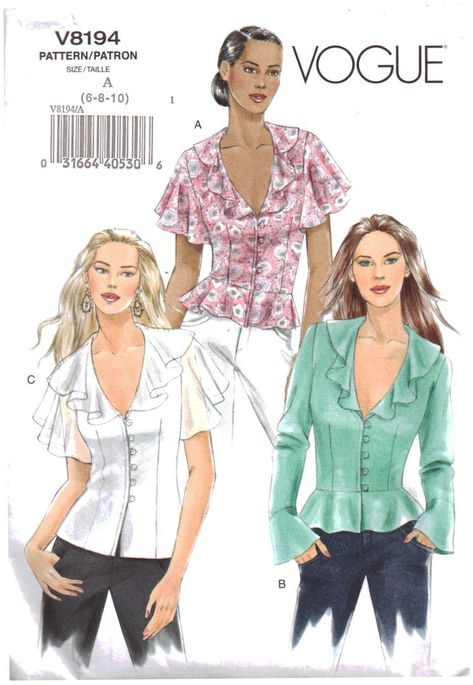 Vogue V8194 Misses' Tops Size: A 6-8-10 or D 12-14-16 or FW 18-20-22 Uncut Sewing Pattern https://pattern-walk.com/product/vogue-v8194-misses-tops-size-6-8-10-uncut/ Pattern-Walk Plus Size High Fashion, Blouse With Peplum, Sewing Blouses, Vogue Sewing Patterns, Vogue Pattern, Blouse Pattern Sewing, Vogue Patterns, Ruffled Collar, Blouse Pattern