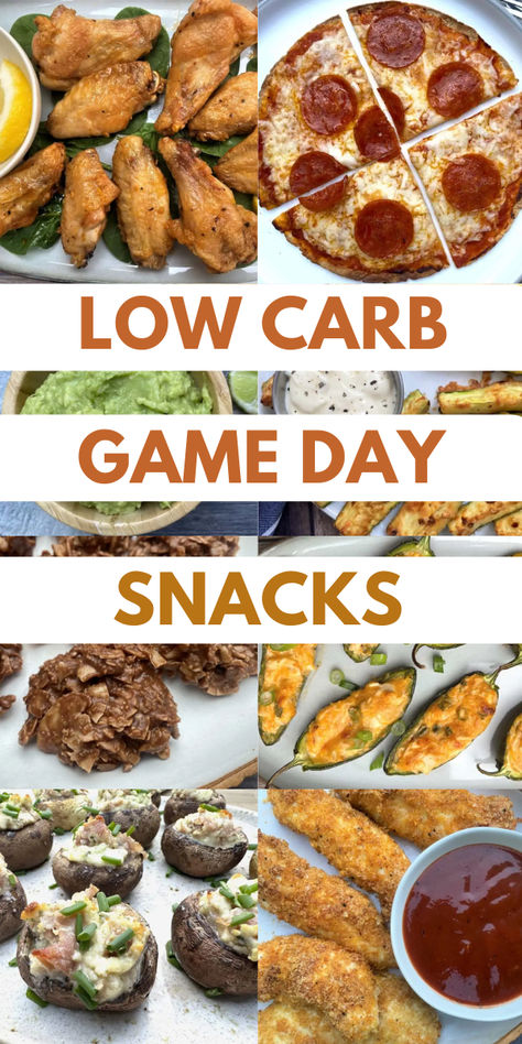 8 images of game day snacks including low carb pizza, chicken wings, chicken fingers, stuffed mushrooms and cookies. Low Carb Snacks For Party, Low Carb Game Day Snacks, Low Carb Football Snacks, High Protein Game Day Snacks, Low Carb Game Day Food, Low Carb Tailgate Food, Low Carb Finger Foods, Healthy Game Day Food, Healthy Game Day Snacks