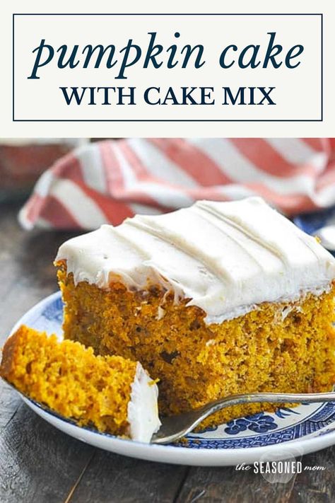 Thanks to help from a box of yellow cake mix and vanilla pudding, this easy pumpkin cake recipe comes together in minutes. Topped with cinnamon cream cheese frosting, the perfect fall dessert tastes like it's made from scratch! Cake Mix And Vanilla Pudding, Cake Mix And Pudding, Easy Pumpkin Cake, Cake Pucks, Pumpkin Cake Mix, Pumpkin Cake Recipe, Pumpkin Cake Easy, Yellow Cake Mix Recipes, Cake Mix Muffins