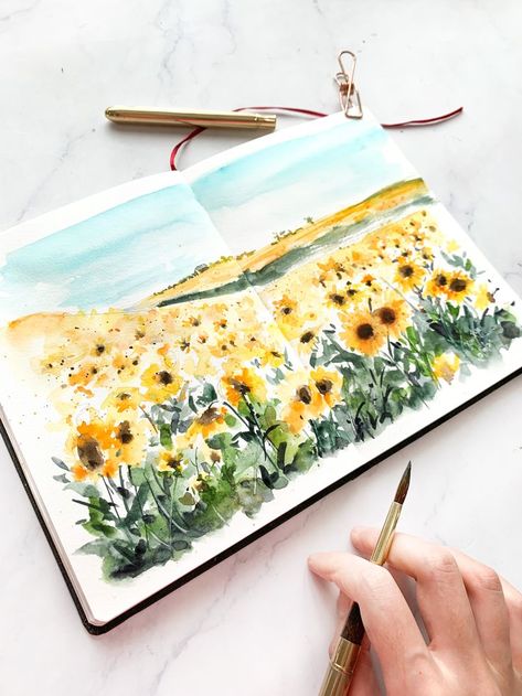 Painting Ideas Easy Aesthetic, Landscape Sketchbook, Painting Ideas Easy Simple, Sunflower Watercolor Painting, Painting Ideas On Canvas Easy, Painting Ideas Easy, Sketch Note, Watercolor Art Journal, Watercolor Journal