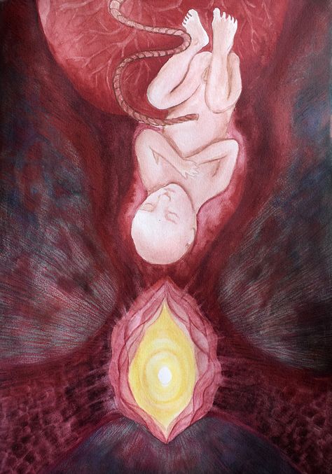 Birth Art Labor, Fertility Painting, Birth Doula Aesthetic, Giving Birth Art, Birth Alter, Baby In Womb Art, Birth Artwork, Birth Drawing, Midwifery Art