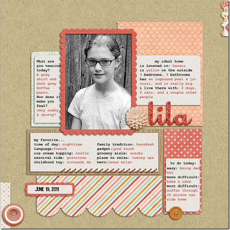 Lila...Childhood Biography Layout...favorite, etc. Scrapbook Title Ideas, Scrapbook Examples, Title Ideas, Baby Scrapbook Pages, Simple Scrapbook, Scrapbook Titles, Wedding Scrapbook, Crafts With Pictures, Scrapbook Page Layouts