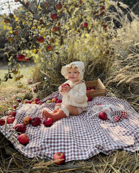 6 Month Apple Pictures, Heirloom First Birthday Photos, 6 Month Milestone Picture Ideas, Apple Orchard Baby Pictures, Fall Baby Photoshoot 6 Months, 6 Month Fall Baby Picture Ideas, Fall 6 Month Photos, Mommy And Me Picnic Photo Shoot, Milestone Photoshoot Ideas