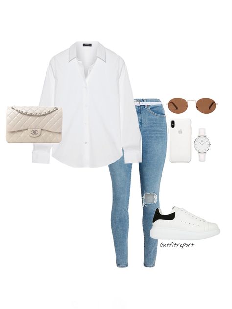 Denim And White Outfits Casual, Outfits With White Shirt, White Top Jeans Outfit, White Shirt And Denim Jeans, White And Denim Outfits, Spring Outfits Simple, Outfit Simple Casual, White Top And Jeans Outfit, Alexander Mcqueen Sneakers Outfit