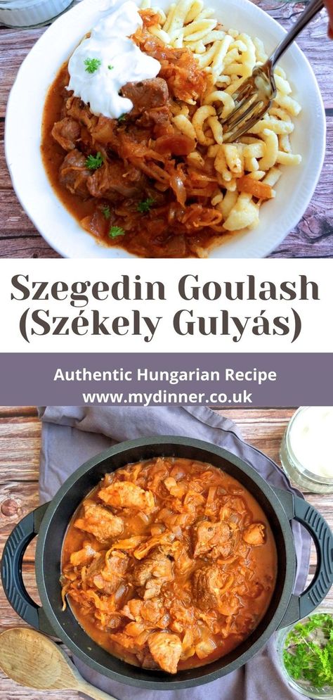 A plate with szegedin goulash with spaetzle on a wooden background. On top of the goulash there is a dollop of sour cream. At the bottom there is a saucepan fill of goulash on a blue kitchen towel. Pork And Sauerkraut Recipe, Pork Goulash, Pork And Sauerkraut, Hungarian Goulash, Hungarian Paprika, Beef Goulash, Eastern European Recipes, Pork Stew, Goulash Recipes