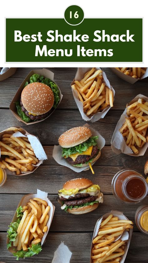 A delicious spread of popular Shake Shack menu items, featuring burgers, fries, and shakes, all laid out on a rustic wooden table. Shake Shack Menu, Unique Burgers, Crinkle Cut Fries, Ultimate Burger, Crispy Shallots, Fried Chicken Sandwich, Burger Restaurant, Shake Shack, Chocolate Shake