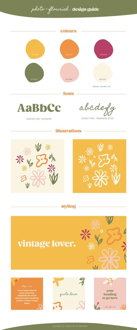 Vintage Floral Fashion, Flower Business Branding, Cottagecore Branding Design, Brand Package Design, Branding Design Elements, Moodboard For Branding, Retro Logo Ideas, Flower Brand Identity, Non Profit Branding Design