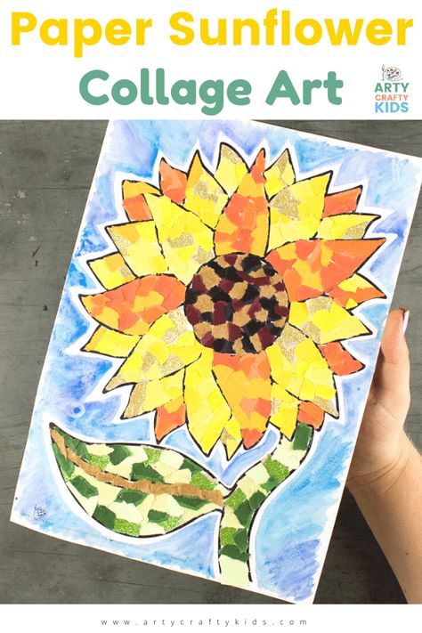 To recreate this beautiful Paper Sunflower Collage Art Project, you will need some brightly colored paper, glue and our printable sunflower template. Sunflower Origami, Sunflower Collage, Sunflower Fabric, September Art, Sunflower Embroidery, Sunflower Crafts, Paper Sunflowers, 4th Grade Art, Collage Art Projects