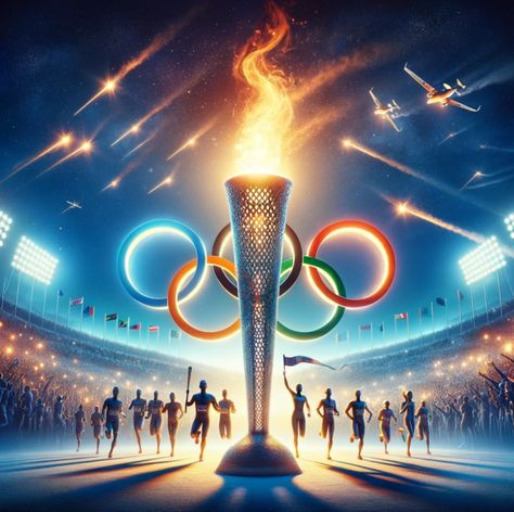 Olympic torch, rings, crowd and people running underneath to celebrate the games Olympic Games Aesthetic, Olympics Aesthetic, Olympic Circles, Olympics Poster Design Graphics, Olympic Games Illustration, Olimpic Game Art, Special Olympics Logo, Fire Sculpture, Olympic Shooting