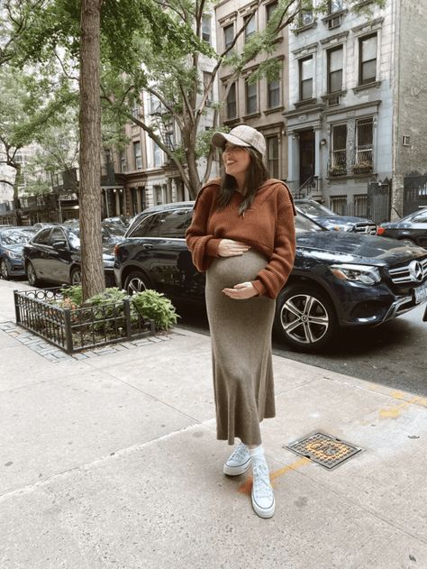 Bump-Friendly Fall Outfits- maternity, maternity outfits ideas, bump style, women's fashion, style, fashion, midi skirt, hat, sneakers, high top converse outfit, skirt, sweater, sweater outfits, fall outfits, fall outfits 2021 | @prettyinthepines, New York City Preggo Fall Outfits, Chic Bump Style, Chic Fall Maternity Outfits, Maternity Style Autumn, Winter Bump Style, Knit Skirt And Sweater Outfit, Silk Skirt Pregnant Outfit, Bump Winter Outfits, New York Maternity Outfits