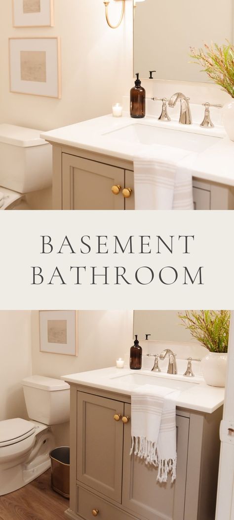 Basement Bathroom Remodel Budget, Cheap Basement Bathroom, Diy Basement Bathroom Budget, Basement Bathroom Ideas Cheap, Adding A Bathroom In Basement, Basement Bathroom White Vanity, Budget Powder Room, Waterfront Condo, Windowless Bathroom