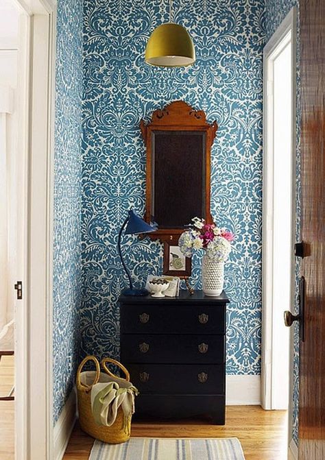 Wonderful Wallpaper in Small Spaces | Apartment Therapy Foyer Wallpaper, Tiny Entryway, Hunted Interior, Hallway Wallpaper, Sneak Attack, Famous Interior Designers, Space Apartments, Foyer Decorating, Hallway Ideas Colour