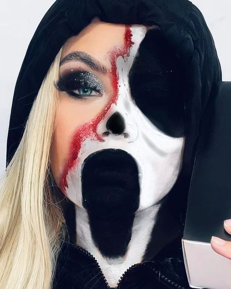 Ghost Face Halloween Makeup, Ghost Face Makeup Ideas, Easy Ghost Makeup, Ghost Face Makeup Halloween, Ghost Eyeshadow, Ghost Face Makeup, Halloween Makeup Glitter, Blondie Makeup, Halloween Eyeshadow