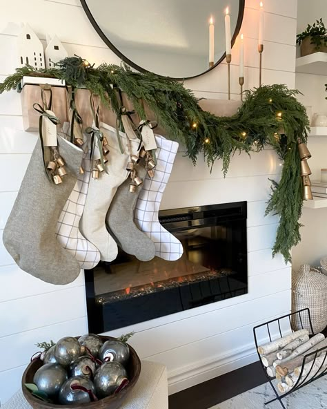 Christmas Mantle Manger Scene, Mantle With Garland And Stocking, Christmas Garland Over Fireplace, Christmas Tv Stand Garland, Farmhouse Mantle Garland, One Sided Garland Mantle, Mantle Christmas Decor Ideas Stocking, Christmas Mantel Minimalist, Floating Garland Above Table