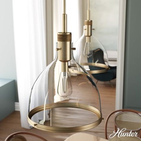 Simple and versatile, the Van Nuys pendant light is at home in a variety of style spaces, from modern industrial to glam. Subtle detailing like the knurling and thumb screws make a big impact with the large, clear glass shade and metallic finishes. Create a cohesive look in your home by pairing this modern pendant light with other fixtures from the Van Nuys collection. Modern Farmhouse Lighting, Gold Pendant Lighting, Large Pendant Lighting, Island Pendant Lights, Hunter Fan, Vintage Elements, Van Nuys, Brass Pendant Light, Bell Pendant