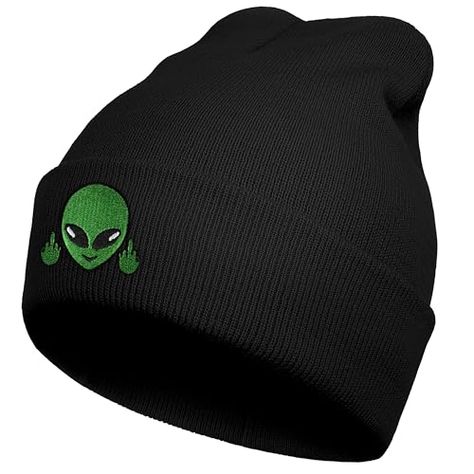 Koesnbre Black Alien Embroidered Beanie Hats for Men Women, Winter Funny Knit Hat, Alien Stuff Accessories Gifts Novelty Beanie For Winter, Alien Beanie, Black Novelty Beanie Hat, Alien Hat, Winter Funny, Green Brimmed Beanie, Alien Stuff, Alien Costume, Embroidered Beanie