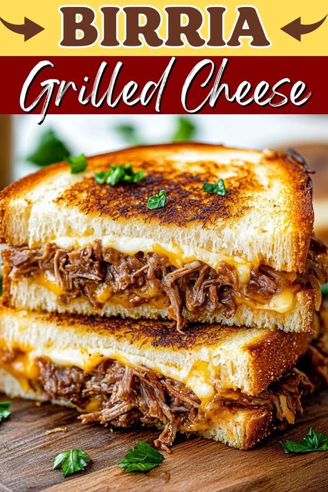 This birria grilled cheese is a tasty grown-up take on a classic! With tender beef, a savory sauce, and combo of cheeses, it's totally irresistible. Roast Beef Grilled Cheese Sandwich, Pot Roast Grilled Cheese Sandwich, Birra Grilled Cheese, Birria Grilled Cheese Sandwich, Roast Beef Grilled Cheese, Birria Grilled Cheese, Beef Grilled Cheese, Grown Up Grilled Cheese, Fancy Grilled Cheese Recipes