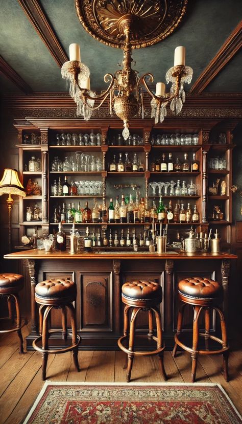 Speakeasy Inspired Basement, Vintage Bar Home, Vintage Speakeasy Bar, Victorian Bar Design, Old English Pub Interior, Vintage Bar Decor, Bar Bathroom Aesthetic, Witchy Bar, 1920 Bar