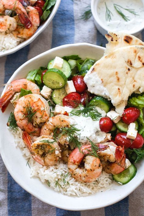 Grilled Greek Shrimp Bowls Greek Style Shrimp, Shrimp Tzatziki Bowl, Greek Shrimp Bowl, Grilled Shrimp Bowl, Shrimp Tzatziki, Greek Shrimp Recipes, Shrimp Gyros, Mediterranean Shrimp Bowl, Shrimp Bowl Healthy