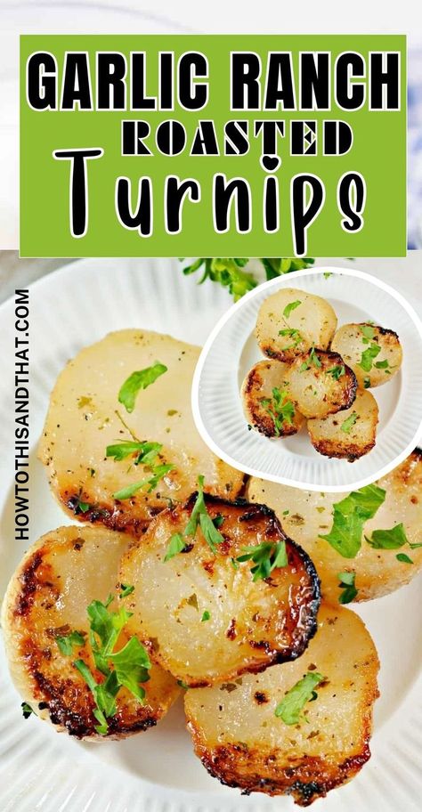 Perfectly seasoned with a blend of garlic and ranch, these turnips are roasted to crispy perfection. Whether you're looking for a healthy alternative to potatoes or just something new to try, this recipe is sure to be a hit at your next meal. #GarlicRanchTurnips #RoastedTurnips #HealthyEating #VegetableRecipes #SideDish #EasyRecipes #HealthyAlternative #LowCarb #GlutenFree #DinnerIdeas #Yummy Roasted Turnip Recipes, Easy Turnip Recipes, Meals With Turnips, How To Eat Turnips, Best Turnip Recipes, Can You Freeze Turnips, Roasted Turnips Oven, How To Cook Turnips Recipes, Recipes With Turnips