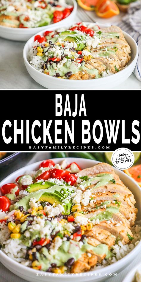 The ultimate fresh and fantastic dinner? Baja Bowls! With tender, full-of-flavor baja chicken over rice, black bean and corn salsa, veggies, and more then smothered in a creamy and tangy cilantro sauce, these baja chicken bowls are irresistible! If you love the Baja Bowl from Panera or Costa Vida, you have to try our at-home version. Chicken Baja Bowl, Baja Bowls, Chicken Gyro Bowl, Baja Bowl, Baja Chicken, Black Bean And Corn Salsa, Chicken Taco Bowls, Chicken Over Rice, Chicken Bowl Recipe