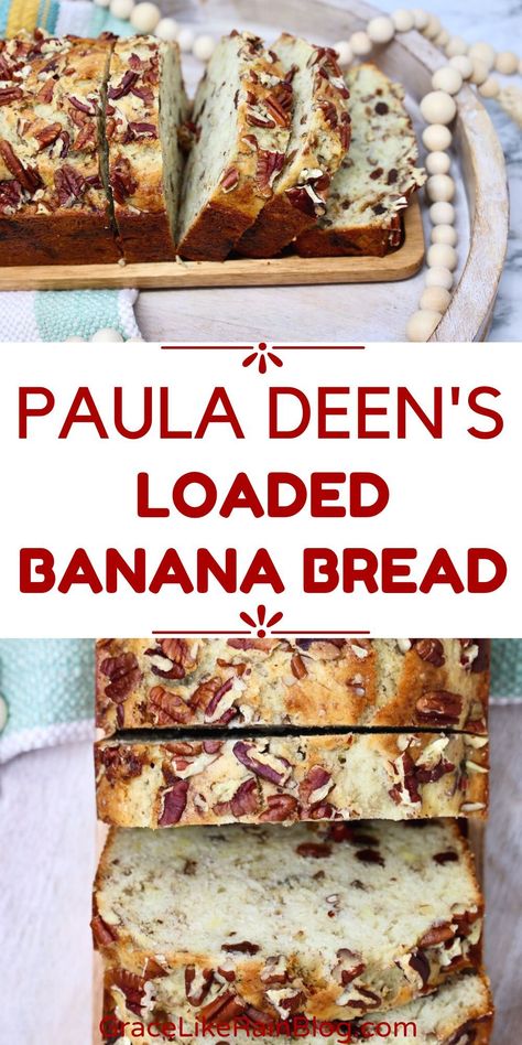 Paula Deen's Loaded Banana Bread is the perfect recipe to use up your leftover ripe bananas. I know that banana bread is so cliche, but this is unlike any other banana bread you've tried. It's loaded with goodies to tempt even the pickiest taste buds. And toasty pecans take it over the top. This is one you must try! Paula Deen Banana Bread, Banana Pecan Bread, Banana Nut Bread Recipe, Nut Bread Recipe, Banana Bread Recipe Moist, Banana Nut Bread, Nut Bread, Ripe Bananas, Bread Recipes Sweet