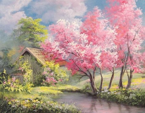 Kevin Hill Paintings, Kevin Hill, Coloring By Numbers, Spring Drawing, Horizontal Painting, Forest Drawing, Cherry Blossom Painting, Landscape Painting Tutorial, Beginner Art