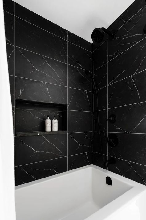 White Marble Shower Tile Black Floor, Dark Tile Tub Surround, Black Framed Windows, Shower Heads With Handheld, Modern Farmhouse Black, Black Shower Head, Black Tile Bathrooms, Framed Windows, Tile Tub Surround