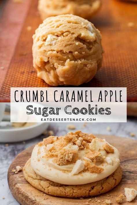 Caramel Apple Cookies are a Crumbl copycat recipe for a buttery apple cookie topped with caramel frosting and apple streusel. Apple Cookies With Frosting, Carmel Apple Crumbl Cookie, Carmel Apple Crumble Cookies, Crumble Cookie Copycat Recipe Apple Pie, Crumble Caramel Apple Cookie, Crumbl Monster Cookie, Crumbl Cookie Copycats, Best Apple Cookies, Crumbl Cookie Copycat Fall