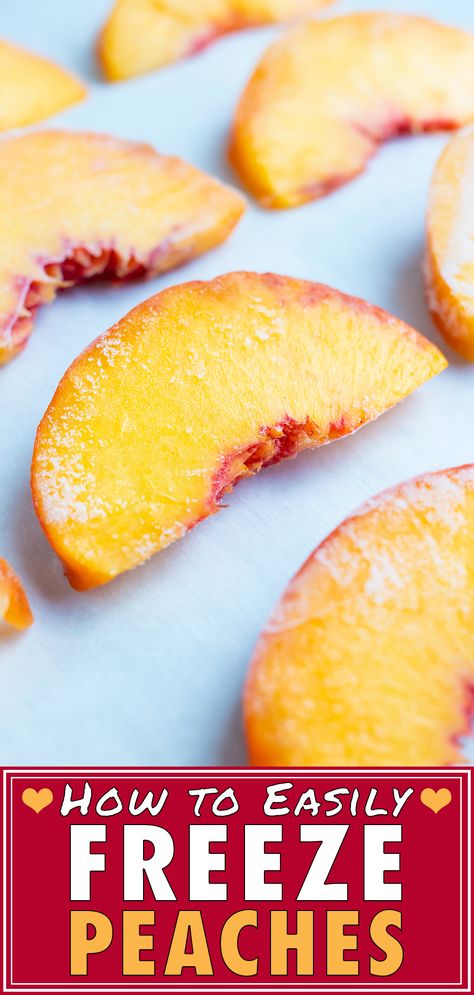 Learn How to Freeze Fresh Peaches with a few step-by-step instructions. Take your fresh summer peaches that have been easily peeled, cut into slices and covered in lemon juice. These frozen peaches can be stored for up to a year to be added to your favorite peach recipes all year long! #summer #frozenfruit #peaches #freeze #howto #cooking #fruit Best Way To Freeze Peaches, Freezer Peaches, Freezing Fresh Peaches, Peaches Canned, Freezing Produce, Freeze Fruit, Freezing Peaches, Peach Overnight Oats, Freezing Recipes