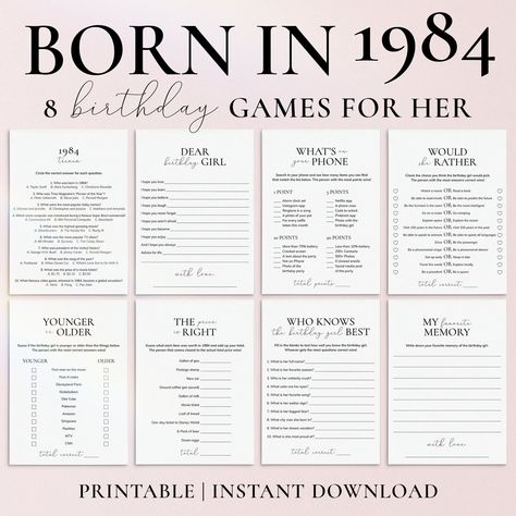 "Are you looking for some fun birthday games for a woman born in 1984? Look no further! This simple, yet elegant, minimal 40th Birthday Party Games Bundle for Her is the perfect addition to a 40 and Fabulous birthday celebration. This Born in 1984 Birthday Games Bundle for Her includes the following 8 games and activities: * 1984 The Price is Right (answer key included) * 1984 Trivia (answer key included) * 1984 Younger or Older (answer key included) * My Favorite Memory Of The Birthday Girl * What's On Your Phone * Who Knows the Birthday Girl Best * Wishes for the Birthday Girl * Would She Rather This 40th birthday games bundle is an instant download. Within minutes of your order and payment, an e-mail will be sent to the address you have associated with your Etsy account with a link for Women Birthday Party Games, Turning 50 Games, Fun Games For 50th Birthday Party, 50th Birthday Party Games Turning 50, Games To Play At 50th Birthday Party, 50 Birthday Games, 30th Birthday Games For Women, 50th Birthday Party Games For Women, 50th Birthday Party Games For Adults