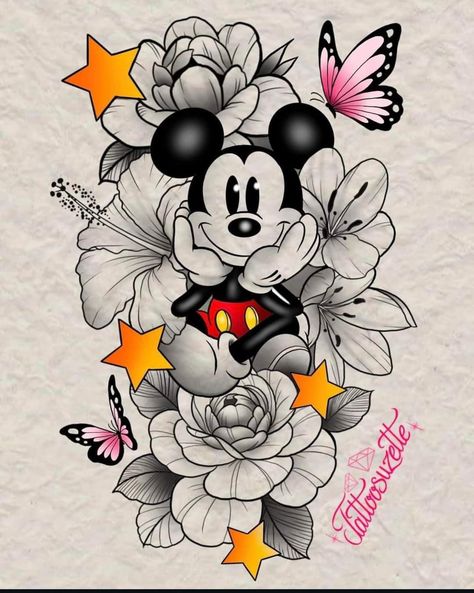 Mickey Mouse Sketch Tattoo, Floral Disney Tattoo, Disney Half Sleeve Tattoo, Disney Floral Tattoo, Mickey Mouse Tattoo Design, Mickey And Minnie Tattoo, Disney Tattoo Sleeves For Women, Mickey Mouse Tattoo Ideas, Mickey And Minnie Tattoos