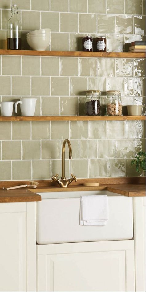 French Tile Kitchen, Kitchen With White Fridge, Kitchen Tiles Inspiration, Sage Tile Backsplash, Kitchen Design Natural Wood Cabinets, Patterned Kitchen Tiles Backsplash Ideas, Apartment Friendly Accent Wall, Tan Tile Kitchen, Vintage Backsplash