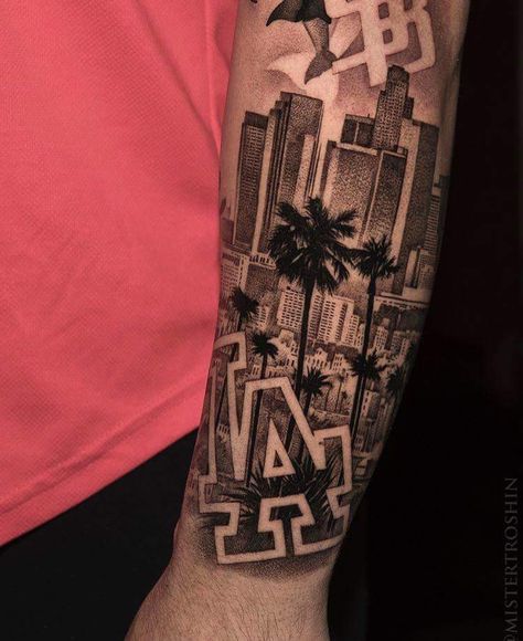 Los Angeles Sleeve Tattoo, Loyalty Out Values Everything Tattoo For Men, California Leg Sleeve Tattoo, California Sleeve Tattoo, Miami Tattoo Ideas Men, California Tattoo Sleeve, La City Tattoo, West Coast Tattoo Ideas, Chicano Arm Tattoo