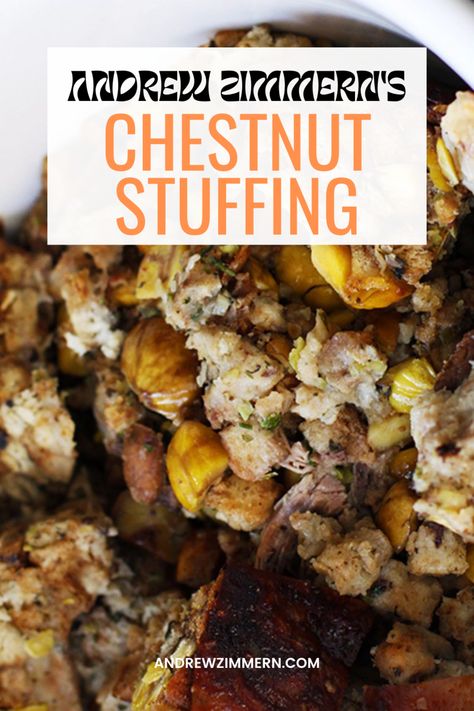 My Chestnut Stuffing for Thanksgiving recipe. I like to make my stuffing the same way my grandmother did, with the classic combination of turkey livers, roasted chestnuts and plenty of fresh herbs. Chestnut Stuffing Thanksgiving, Chestnut Stuffing Recipes, Chestnut Dressing, Waterchestnut Recipes, Chestnuts Recipes, Traditional Turkey Stuffing, Turkey Brining, Stuffing For Thanksgiving, Vegetarian Stuffing