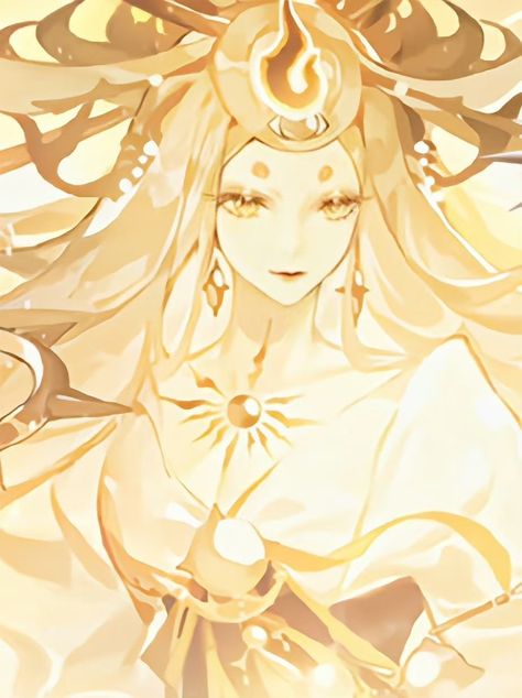 Japanese Goddess Art, Light Goddess Character Design, Goddess Oc Design, Light Goddess Art, Onmyoji Amaterasu, Amaterasu Onmyoji, Godlike Character Designs, Anime Goddess Oc, Sun God Character Design