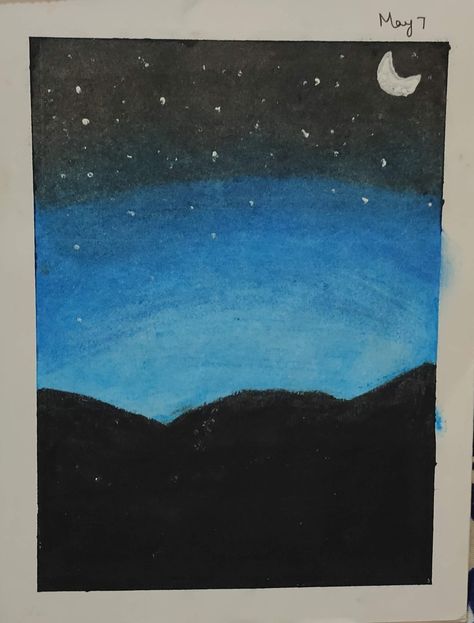 Oil Pastel Drawings Easy For Beginners, Night Sky Drawing Easy, Oil Pastel Night Sky, Sky Drawing Easy, Night Oil Pastel, Sky Oil Pastel, Oil Pastel Ideas, Oil Pastel Art For Beginners, Night Sky Drawing