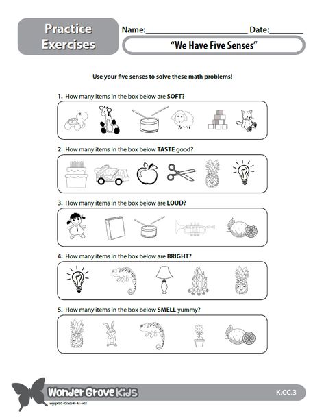 Your kindergarteners will have a fun time using their five senses and counting with this WonderGrove Social Skills math worksheet! Deepen the learning with the "We Have Five Senses" animated story.  You can access a language exercise, fluency passage, printable book, lesson plan, and more connected to this video on our website. Kindergarten Counting, Animated Story, Fluency Passages, 5 Senses, Five Senses, Printable Books, Mlp Equestria Girls, Math Worksheet, Fun Time