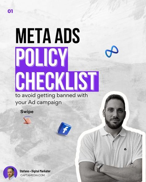 Stefano | Facebook Ads expert | Social Media Marketing on Instagram: "Are you aware of the latest Meta ads policy checklist? 🤔⁣ ⁣ As a marketer or advertiser, it's important to ensure that your ads comply with Meta's policies to avoid any disruptions or disapproval.❌✔️⁣ ⁣ To make things easier for you, Meta has provided a checklist that covers all the essential policies that your ads should comply with. From ad content to targeting and landing pages, this checklist ensures that your ads meet th Meta Ads Design, Facebook Ads Targeting, Meta Ads, Ads Campaign, Digital Marketing Trends, Marketing On Instagram, Facebook Advertising, Landing Pages, Facebook Ads