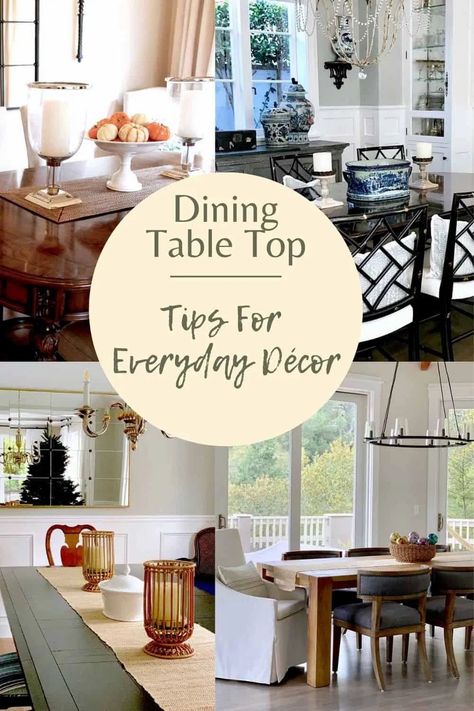 Decorator Mary Ann Pickett's simple ways to decorate your table for everyday and not just when you have company! #centerpieces Simple Dining Table Decorations For Home, Table Styling Ideas Dining Room, Decor Ideas For Dining Room Table, Dining Room Table Decorations For Home, Mid Century Modern Dining Table Centerpiece, Year Round Table Decor, Practical Dining Table Decor, Dining Table Decor Ideas Everyday, Decorating Dinningroom Table