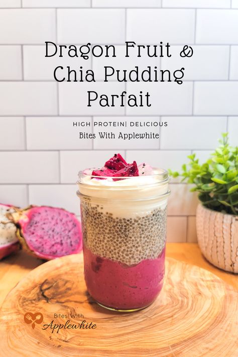 This pretty dragon fruit and chia pudding parfait is made with a layer of dragon fruit smoothie, a simple chia pudding, and a layer of Greek yogurt. It's high protein and great for breakfast, lunch, or a high protein snack. It's pretty so it's perfect for adults and children and parties. Video link provided. How to cut a dragon fruit. Nutritional benefits of dragon fruit. #BitesWithApplewhite Chia Seed Pudding With Frozen Fruit, Dragon Fruit Yogurt Bowl, Dragonfruit Chia Pudding, Frozen Dragon Fruit Recipes, Dragon Fruit Breakfast, Dragon Fruit Ideas, Dragon Fruit Protein Smoothie, Dragon Fruit Recipe Meals, What To Make With Dragon Fruit