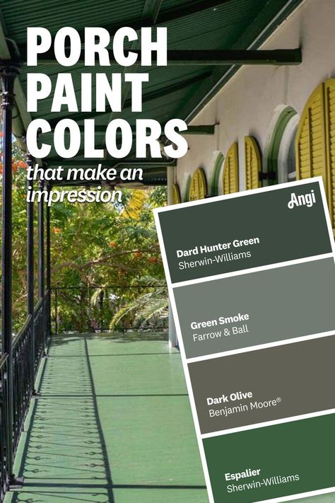 Porch paint colors with a paint swatch of four colors and a porch in blue Green Porch Paint, What Color Should I Paint My Front Porch Floor, Black Painted Front Porch, Screen Porch Paint Colors, Wood Front Porch Paint Ideas, Green Deck Paint, Porch Colors Scheme, Green Porch Floor, Back Porch Paint Ideas