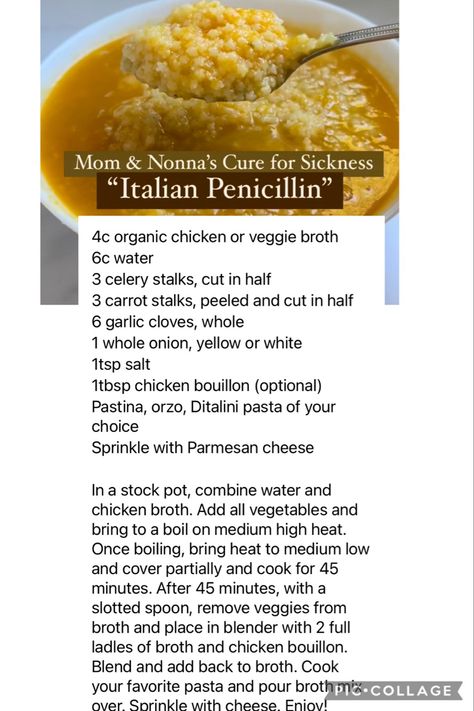 Sickness Soup Recipes, Sickness Soup, Pastalini Soup, Pastatini Soup, Soups To Make When Sick, Liquid Penicillin Soup, Penicillin Soup Recipes, Pastina Recipes Soup, Penecillan Soup