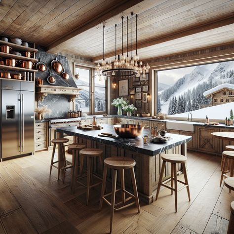 Immerse yourself in a rustic, elegant ski house kitchen. Features include a marble island, vintage chandelier, stainless steel amenities, and a cozy fireplace. Perfect for après-ski comfort. #SkiHouse #MountainLiving #RusticKitchen #LuxuryHomes #InteriorDesign #KitchenGoals Ski Lodge Kitchen, Ski Chalet Kitchen, Ski House Kitchen, Chalet Kitchen, Marble Island, Alpine Ski, Ski House, Mountain Living, Ski Chalet