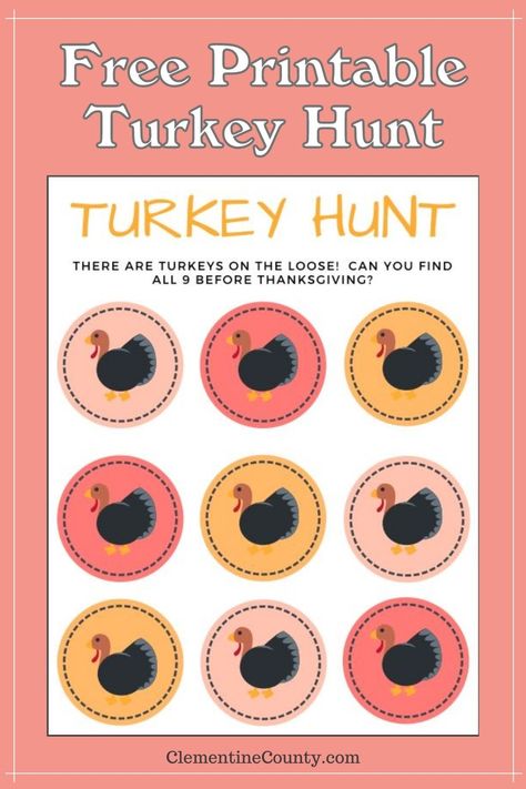 Turkey Hunt Game For Kids, Thanksgiving Kid Game, Thanksgiving Week Activities For Kids, Pin The Tail On The Turkey Printable, Preschool Friendsgiving Ideas, Chase The Turkey Game, Free Kids Thanksgiving Printables, Kids Thanksgiving Scavenger Hunt, Pin The Turkey Game