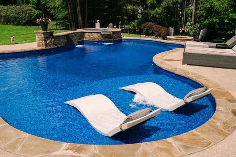 25 Pool Design Ideas You Must See Latham Pools, Pool With Tanning Ledge, Vinyl Pools Inground, Vinyl Swimming Pool, House Entrance Doors, Latham Pool, Tanning Ledge Pool, Inground Pool Designs, Pool Tanning