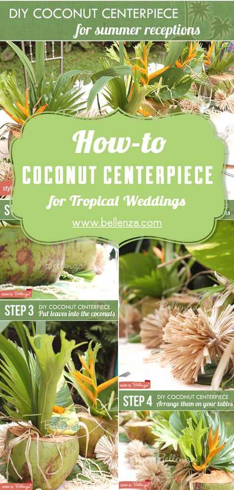 Dollar Tree Tropical Centerpieces, Simple Tropical Centerpieces Party, Banana Leaf Table Decor, Filipino Centerpiece Table Settings, Coconut Centerpiece Ideas, Tropical Party Decorations Ideas, Tropical Centerpieces Diy, Coconut Centerpiece, Tropical Centerpiece Ideas