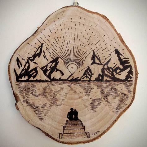 Pyrography Trees And Mountains, Wood Burn Tree Design, Woodburn Mountains, Mountains Wood Burning, Wood Burning Ideas Mountains, Wood Burn Mountains, Woodburning Art Ideas, Wood Burned Mountains, Pyrography Mountains