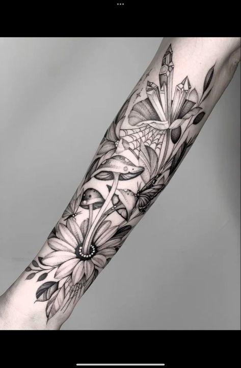 Leg Fillers Tattoos, With Flowers Tattoo, Dark Fae Inspired Tattoos, Tattoo Fillers For Women Full Sleeves, Floral Sleeve Filler, Moon Bicep Tattoo, Fairy Garden Tattoo Sleeve, Dark Sleeve Tattoos For Women, Sleeve Filler Ideas Women